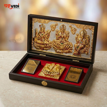 Gold Plated Lakshmi Ganesh Saraswati Charan Paduka Pooja Box