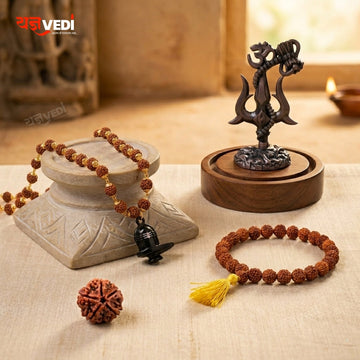 Gold Plated Rudraksha Shivling Locket Mala With Free Om Trishul Idol, 5 Mukhi Rudraksha Berkho & 5 Mukhi Rudraksha