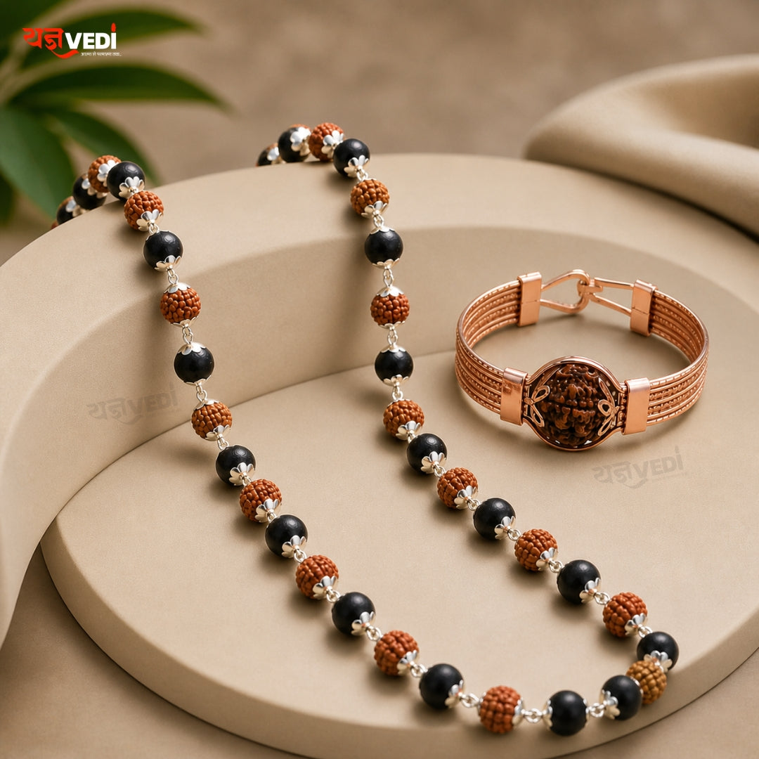 Karungali Rudraksh Mix Mala With Free 5 Mukhi Rudraksha Copper Bracelet & 5 Mukhi Rudraksha