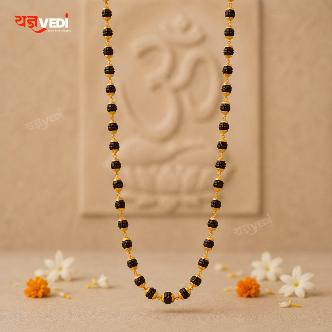 Gold Plated Black Rudraksha Mala - Divine Power with Royal Elegance