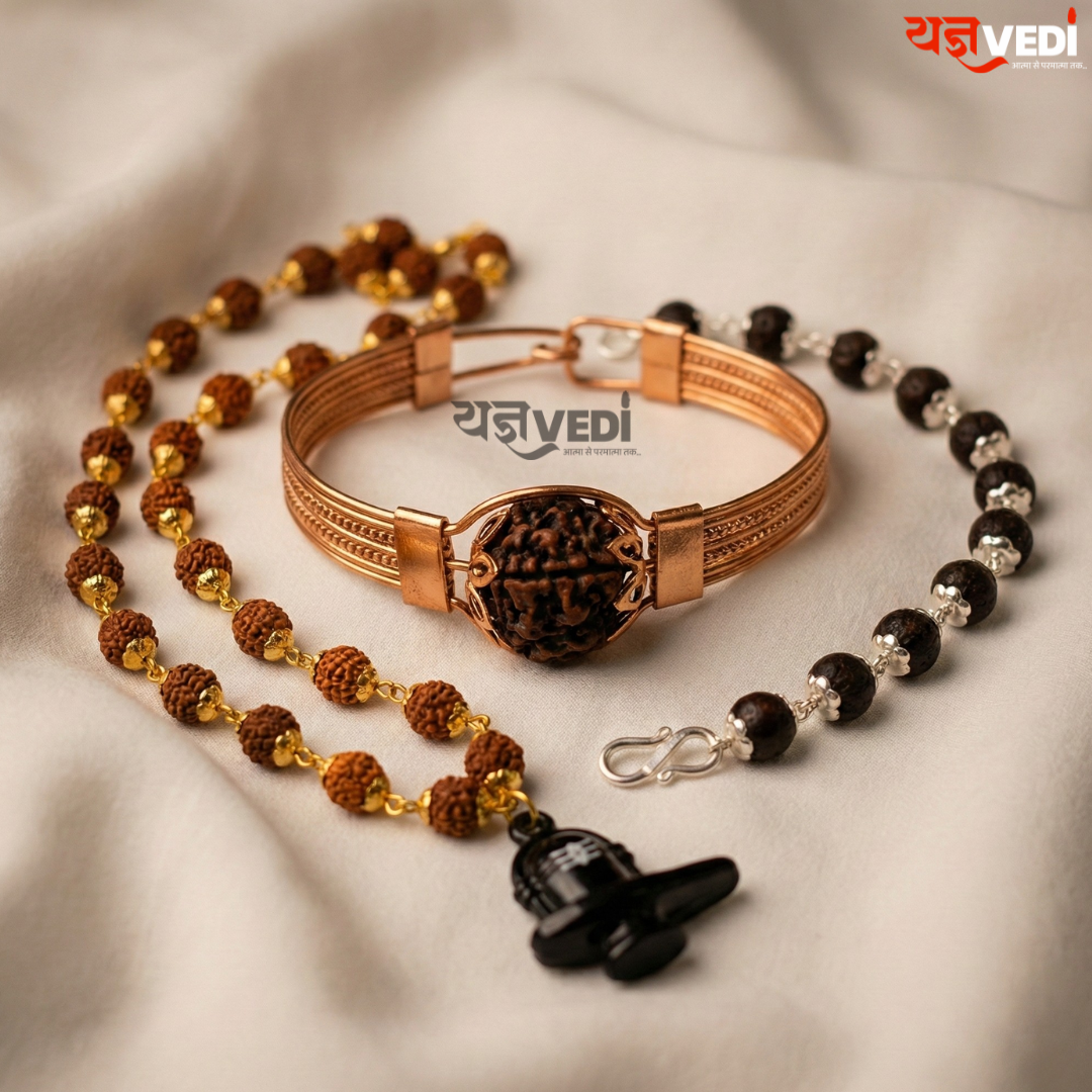 Gold Plated Rudraksha Shivling Locket Mala With Free 5 Mukhi Rudraksha Copper Bracelet & Ladies Karungali Bracelet