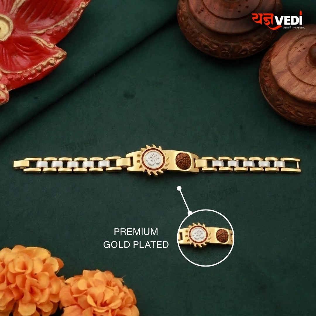 Gold Plated Essential Om Surya Rudraksha Chain Bracelet