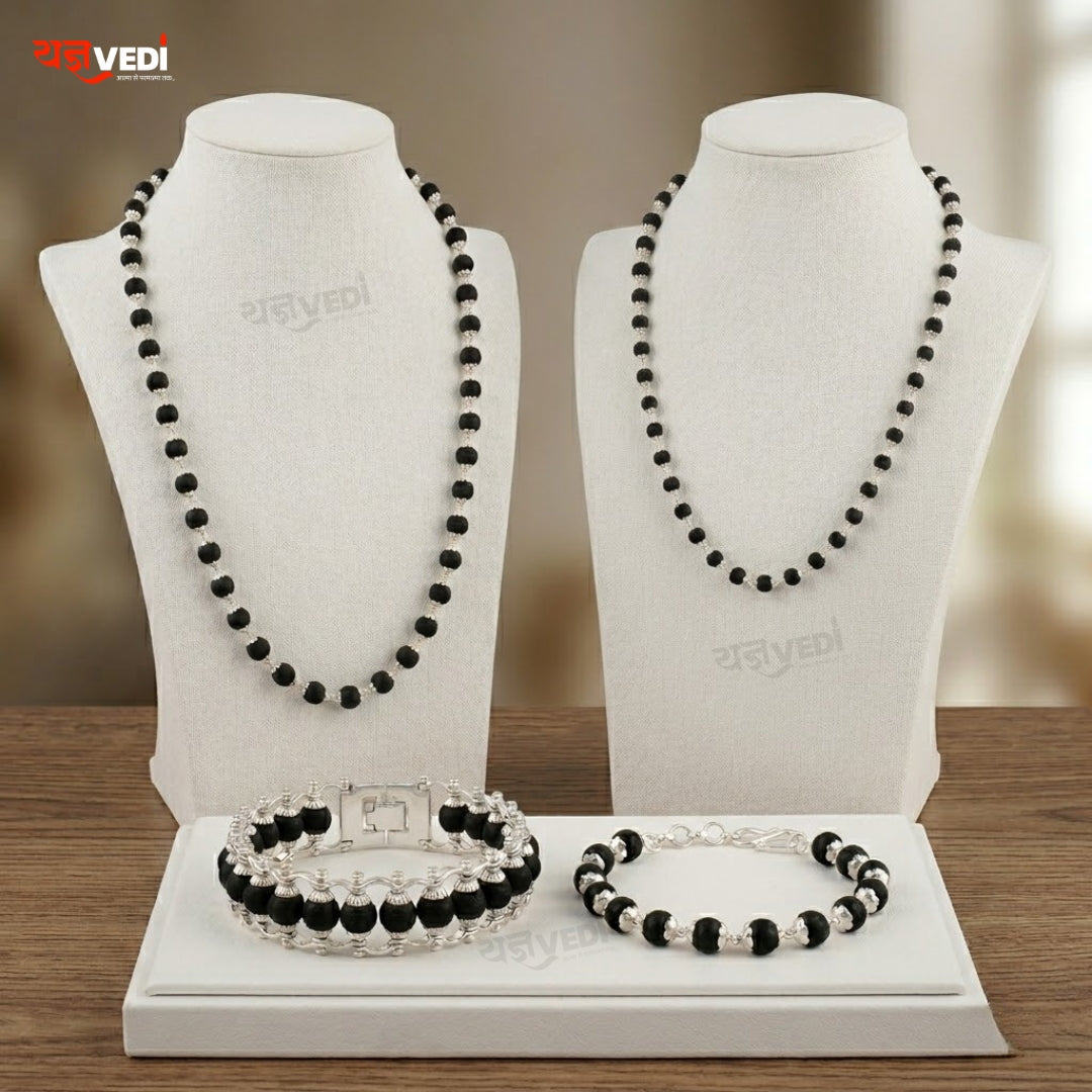 Karungali Mala + Bracelet Couple Combo With Free 5 Mukhi Rudraksha