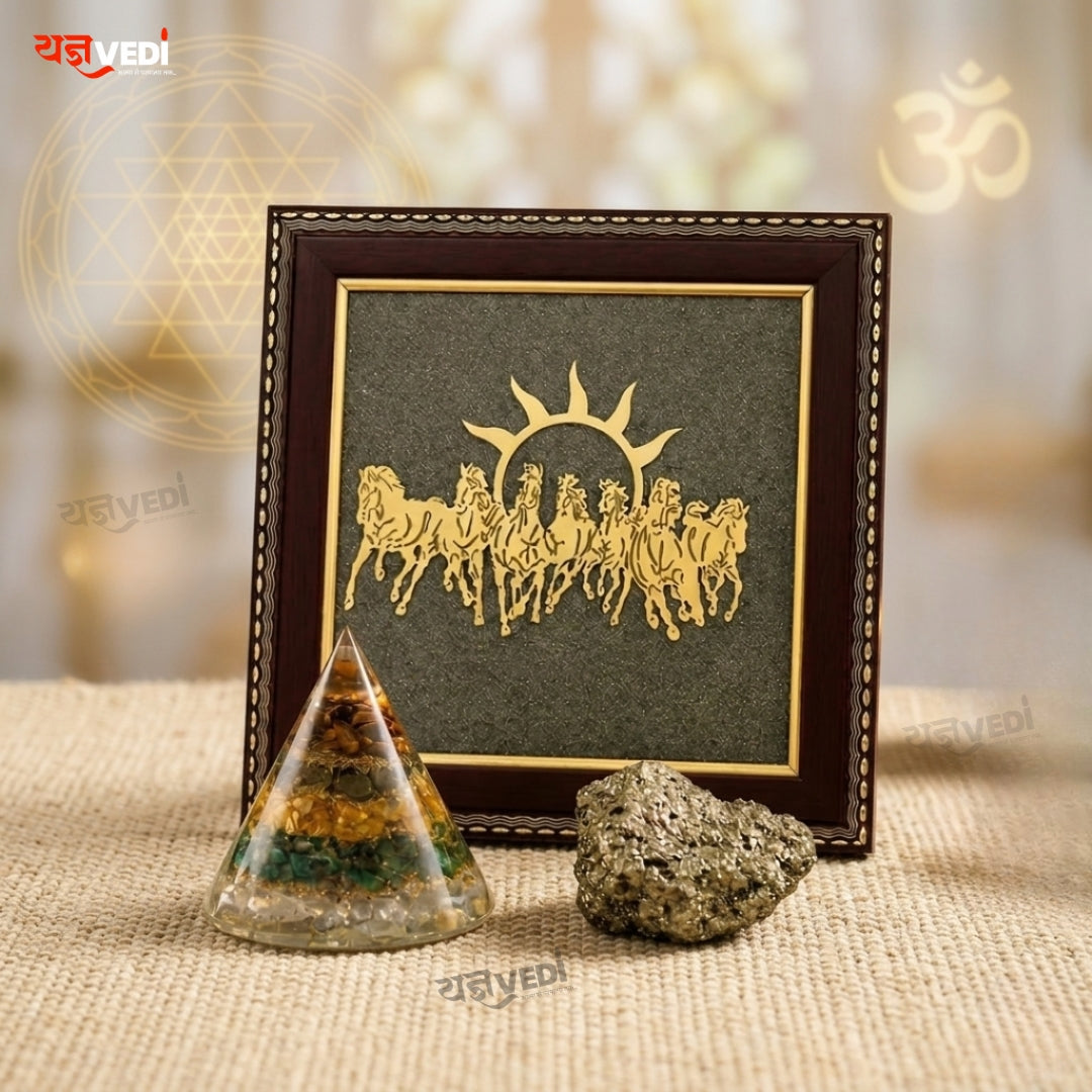 Business Growth Pyrite Energy Combo | Dhanyog Pyramid + Original Raw Pyrite Stone (50 gm) + 7 Horses Running Raw Pyrite Frame