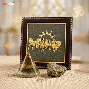 Business Growth Pyrite Energy Combo | Dhanyog Pyramid + Original Raw Pyrite Stone (50 gm) + 7 Horses Running Raw Pyrite Frame