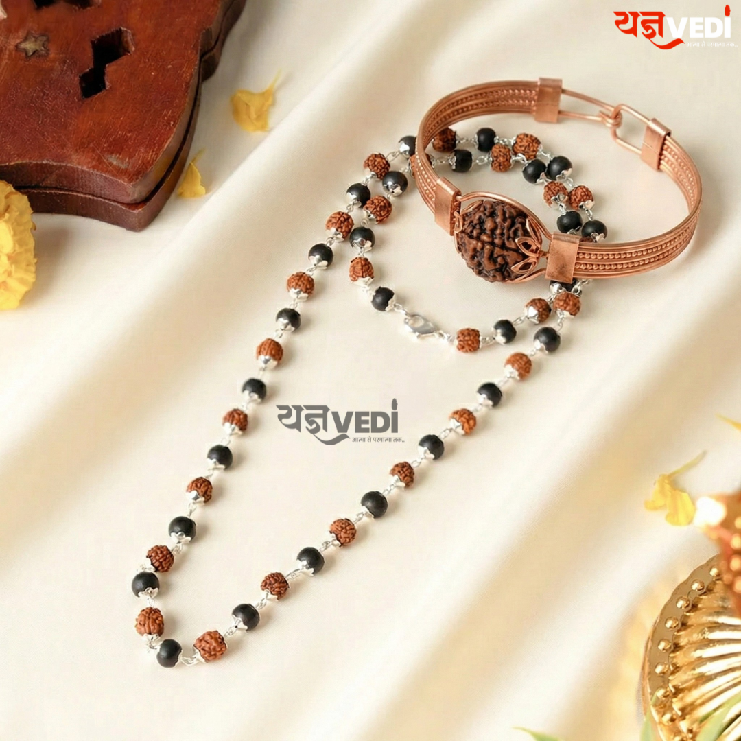 Karungali Rudraksh Mix Mala With Free 5 Mukhi Rudraksha Copper Bracelet & 5 Mukhi Rudraksha