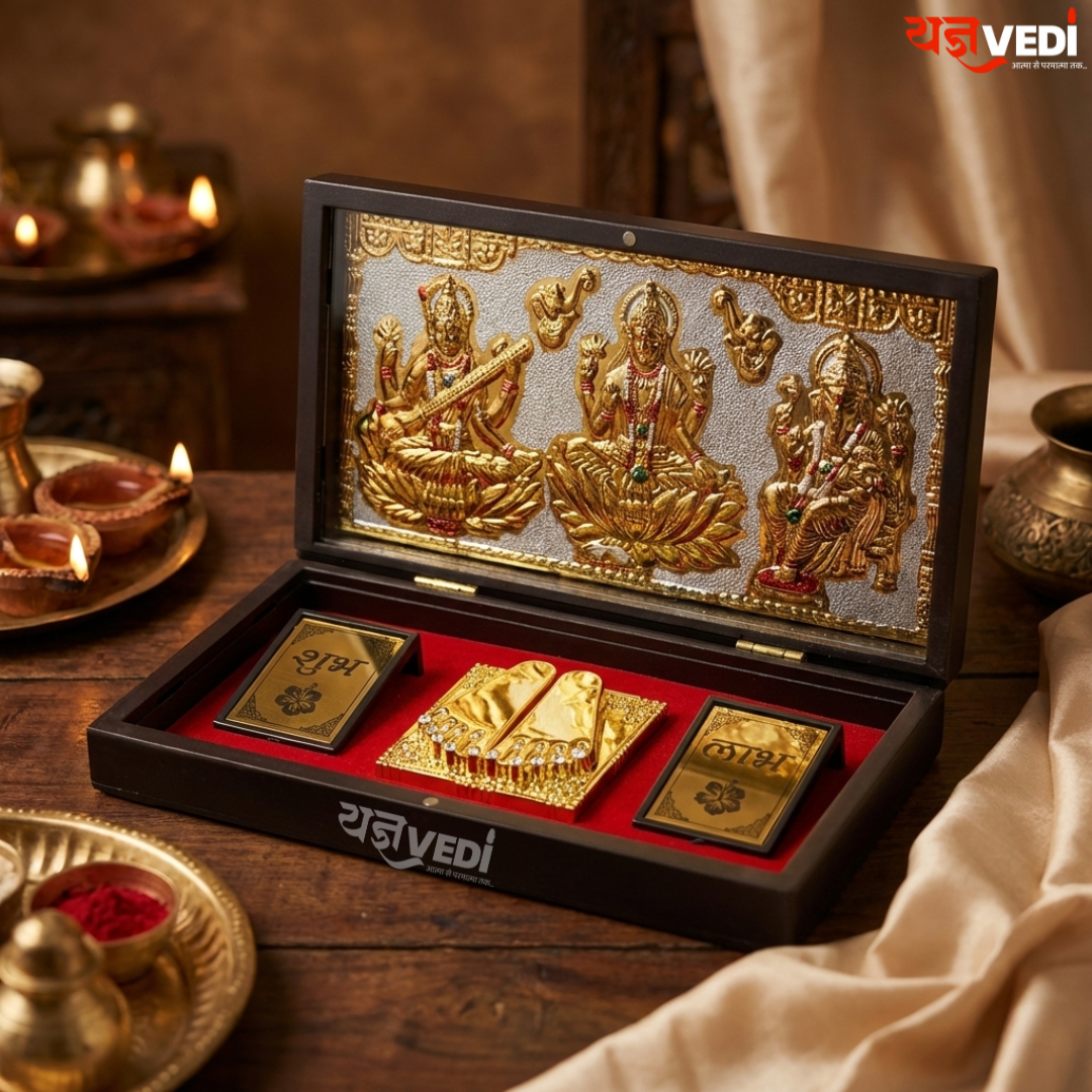 Gold Plated Lakshmi Ganesh Saraswati Charan Paduka Pooja Box