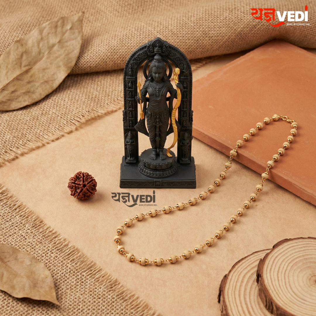 Gold Plated Original  Tulsi Mala – With Free Ram Lalla Murti & 5 Mukhi Rudraksha