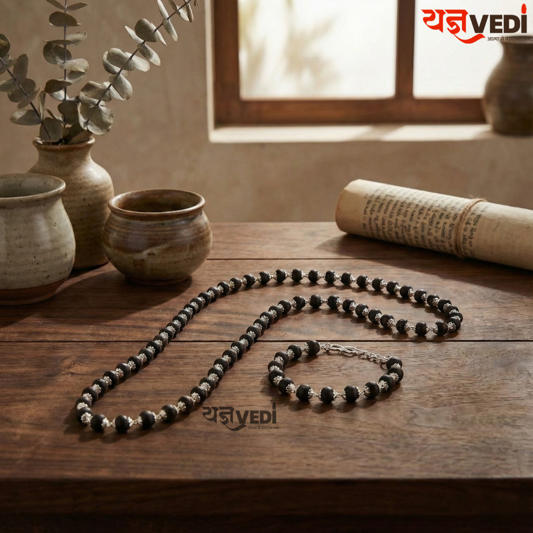 Ladies Karungali Mala & Bracelet Set With Free 5 Mukhi Rudraksha